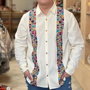 Mexican Mens Guayabera Floral Multicolored Embroidered Long Sleeve Linen Cream L